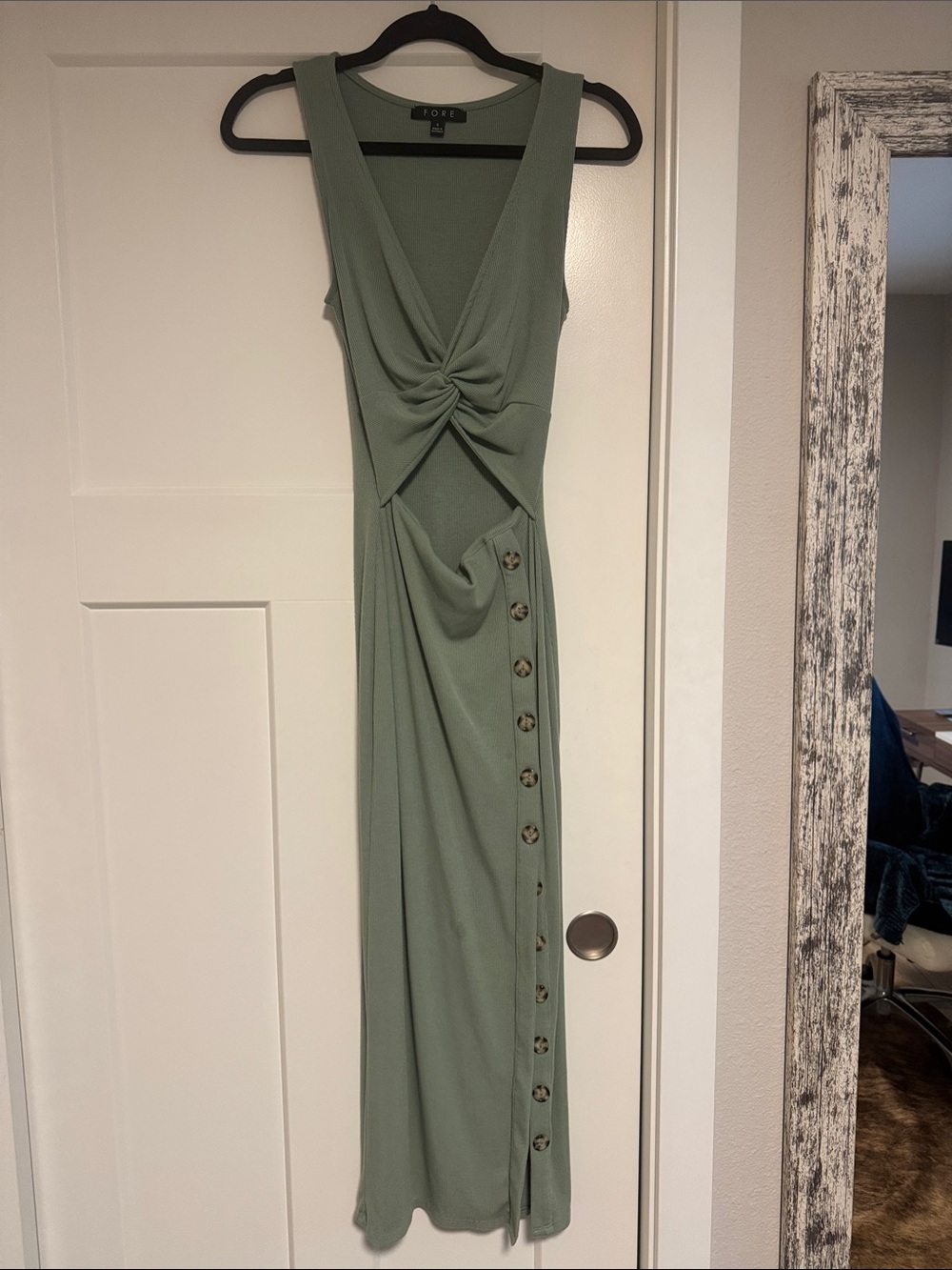 FORE Sage Green Twist-Front Maxi Dress with Side Buttons